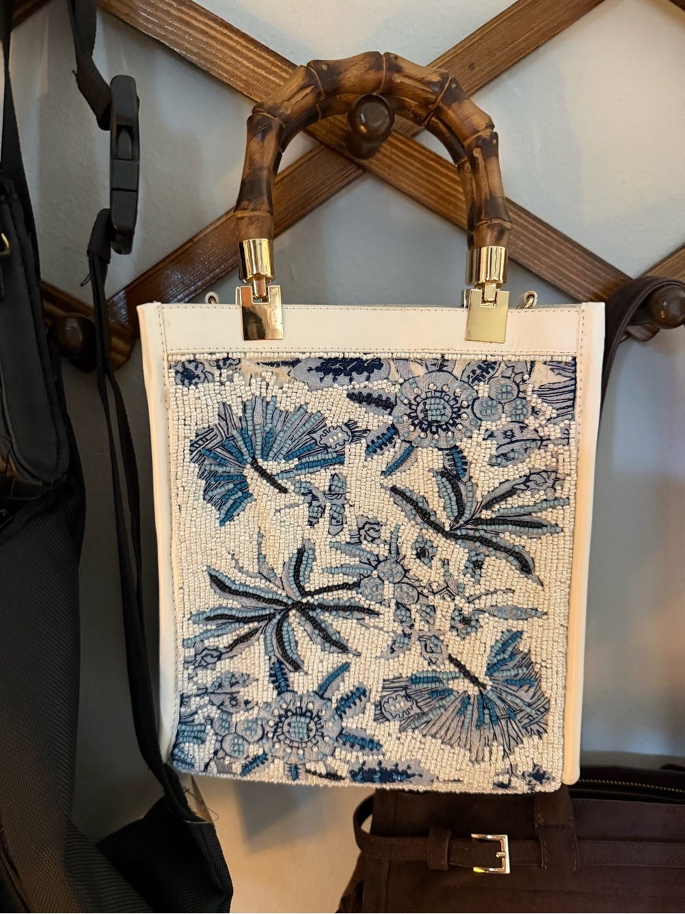 Viral Made in India Blue & White Floral Beaded Tote Bag with Bamboo Handles